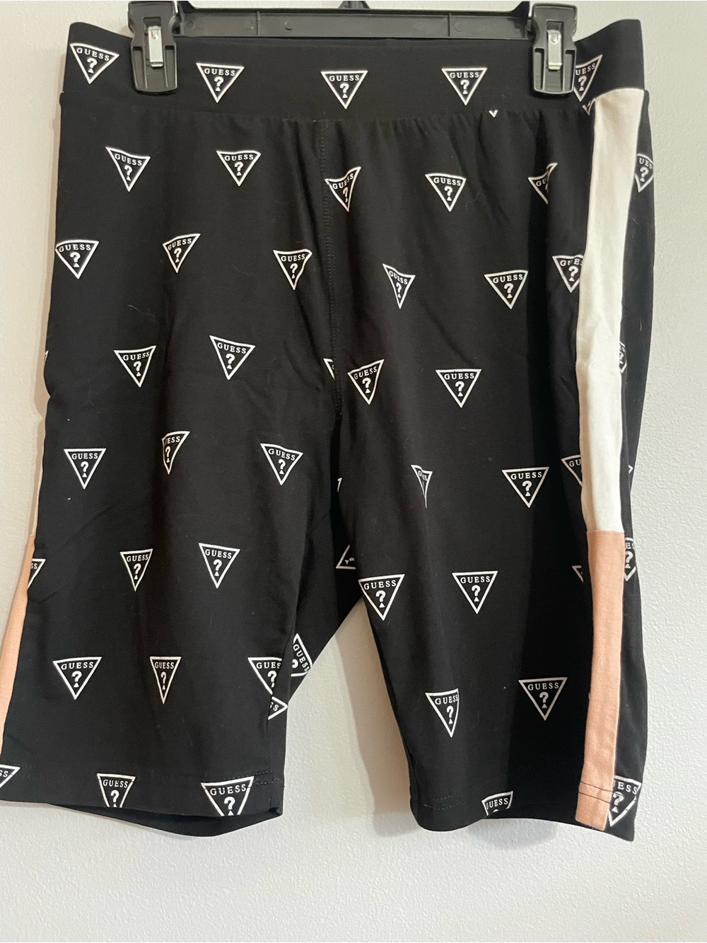 GUESS Black Logo-Print Athletic Shorts with White and Peach Side Stripes